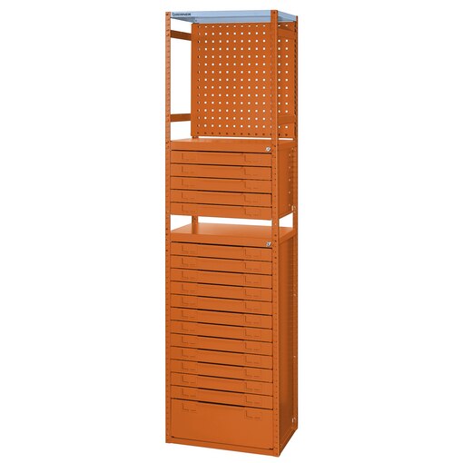 Regalturm Schubladen 18-fach mit Lochplatte 2000x542,5x364 mm, orange